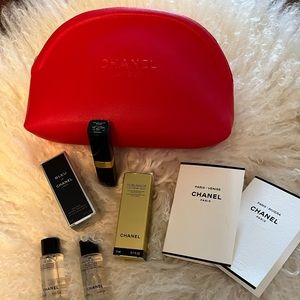 CHANEL Red Makeup Pouch with goodies